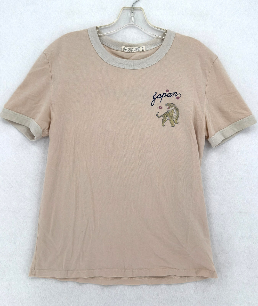 Fanclub Japan Souvenir Graphic Embroidered Tiger Mens Beige Ringer T Shirt Sz S
